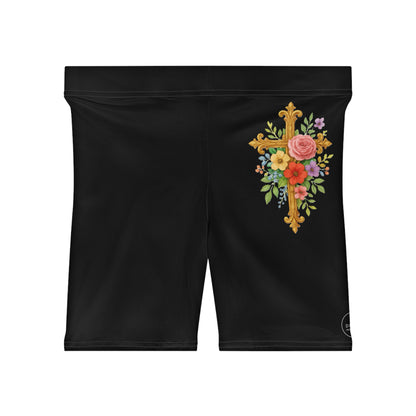 Floral Cross Women’s Biking Shorts in Black – Beauty and Strength in the Cross