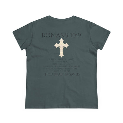 Saved & Sure – Women’s Softstyle Faith Tee (Romans 10:9) (Dark Lettering)
