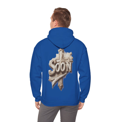 “Soon” Cross Men’s Hoodie – Back Print Faith Statement