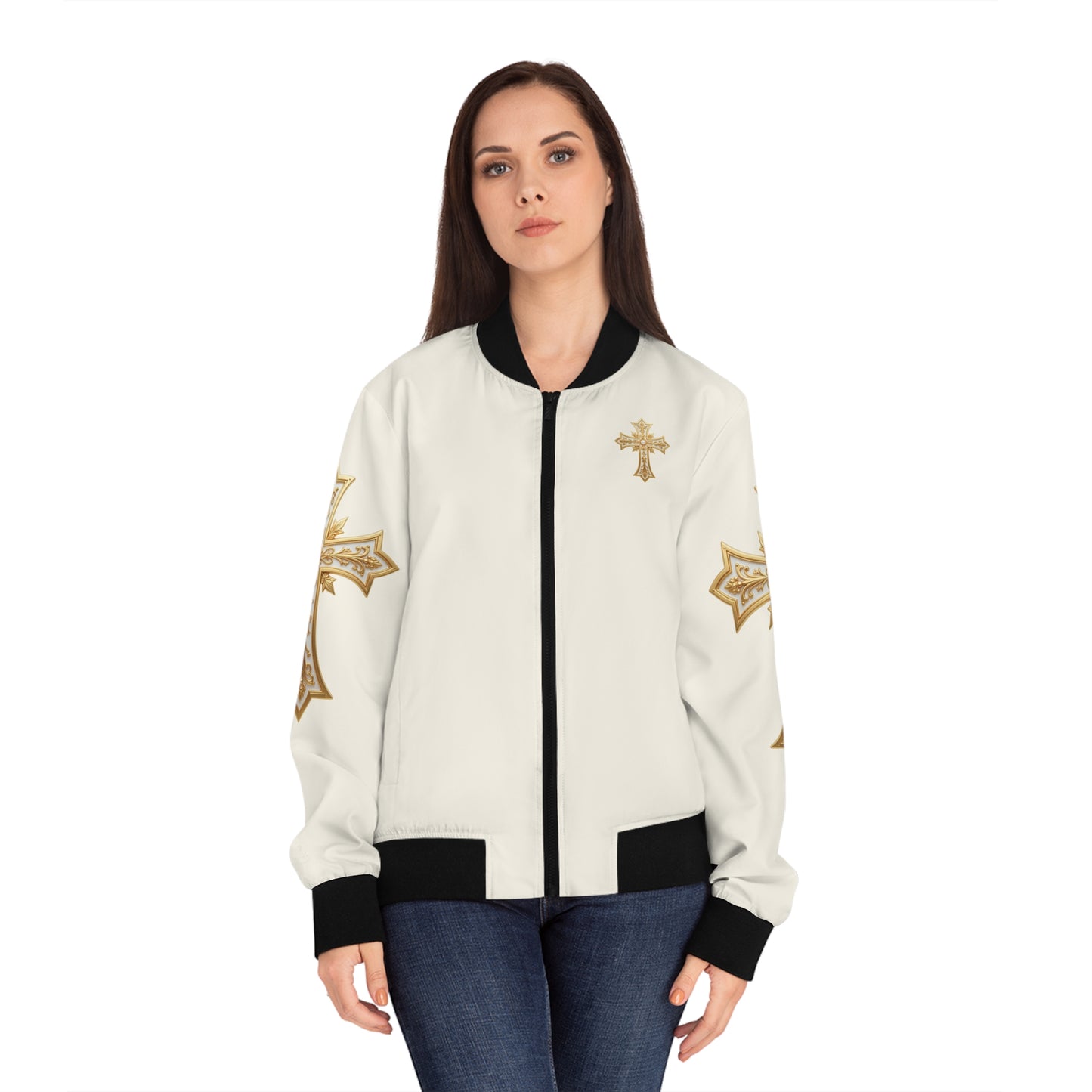 Christ is King (Lion of Judah) - Women's Christian Bomber Jacket (Cream)