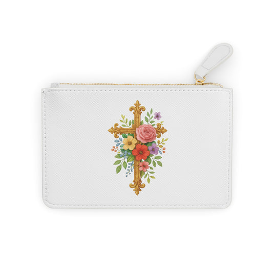 Blooming Faith Black Mini Clutch in White – Floral Cross Accent
