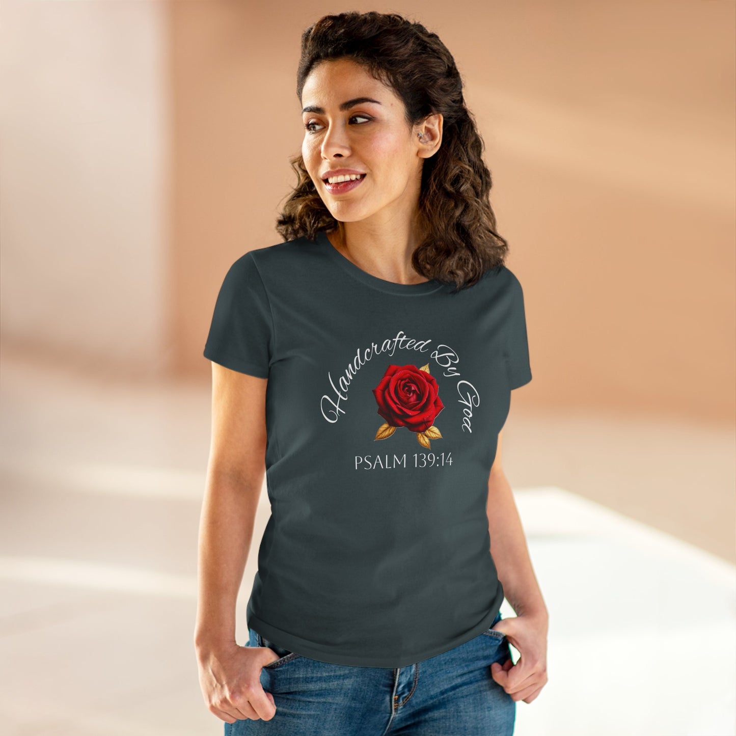 Handcrafted By God Women’s Christian Tee – Rose Design, White Lettering