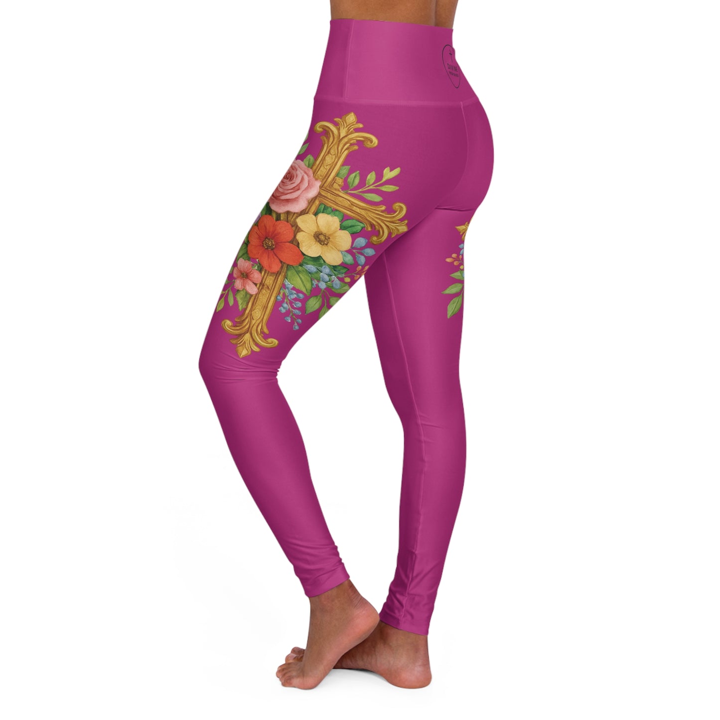 Floral Cross Graceful Fit High-Waisted Leggings in Fuchsia - Christian Women's Apparel