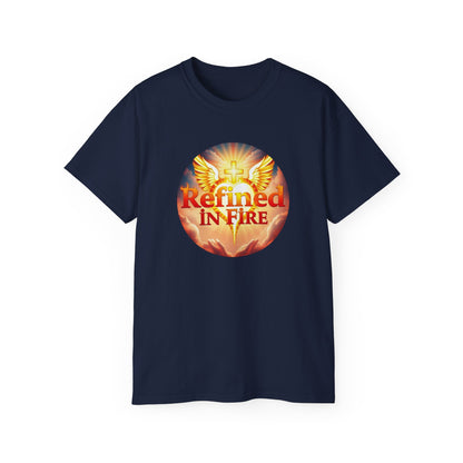Men’s “Refined in Fire” Christian T-Shirt – Bold Flame Design Faith Tee
