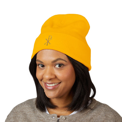 Radiant Faith Cuffed Beanie – Gold Chi Rho Embroidery