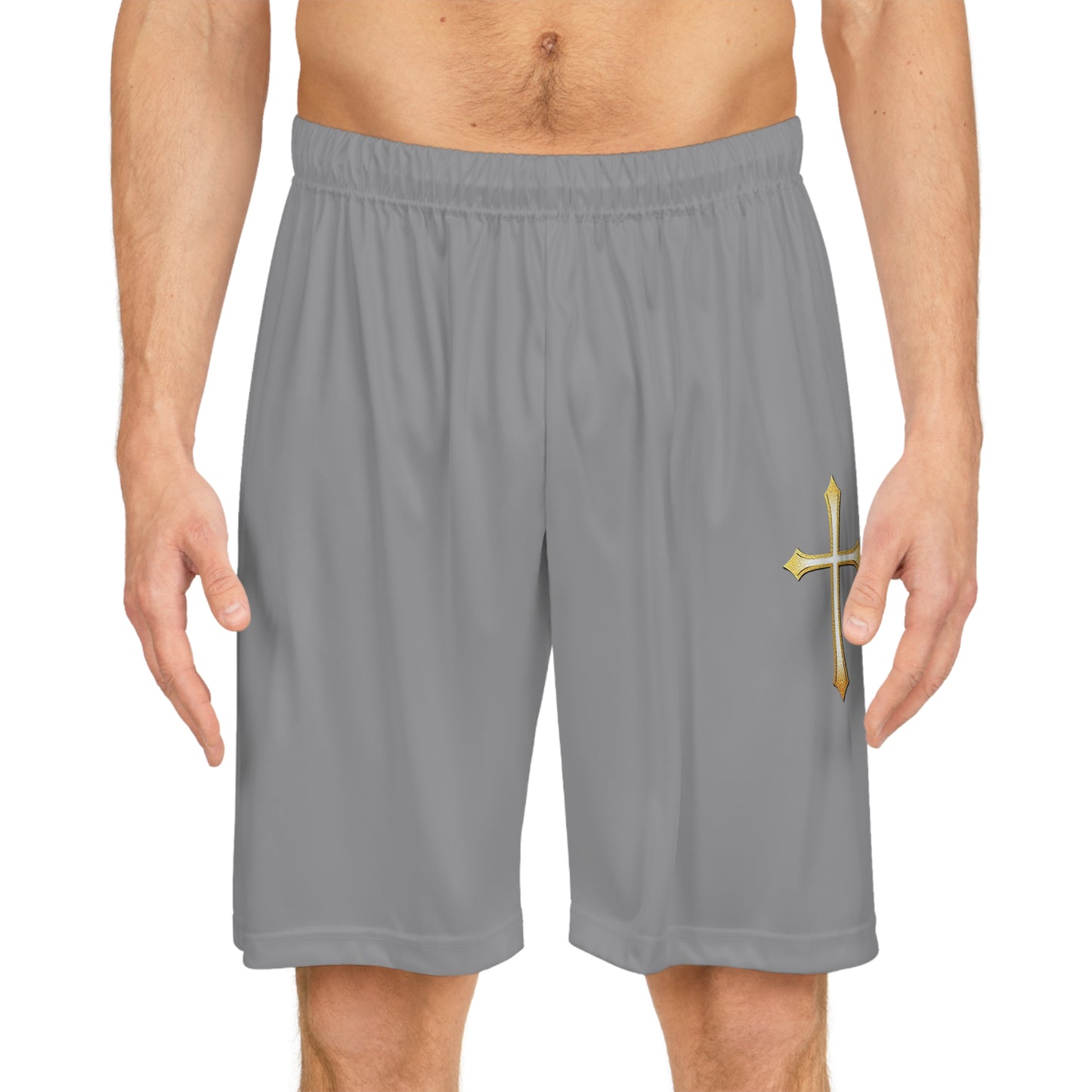 Men’s Modern Gold Cross Basketball Shorts in Grey – Sleek Faith-Inspired Design