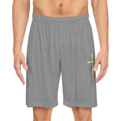 Men’s Modern Gold Cross Basketball Shorts in Grey – Sleek Faith-Inspired Design