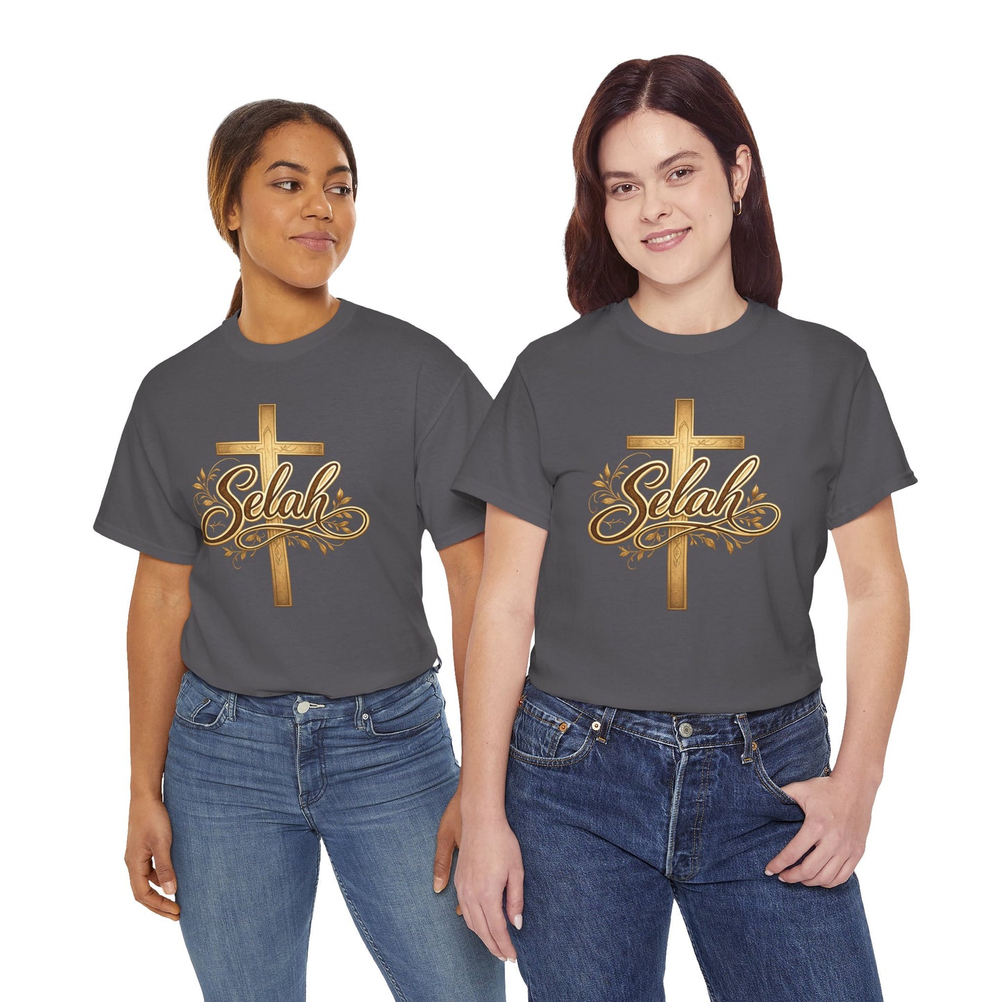 Selah Cross Tee — Women's Christian T‑Shirt with Gold Script
