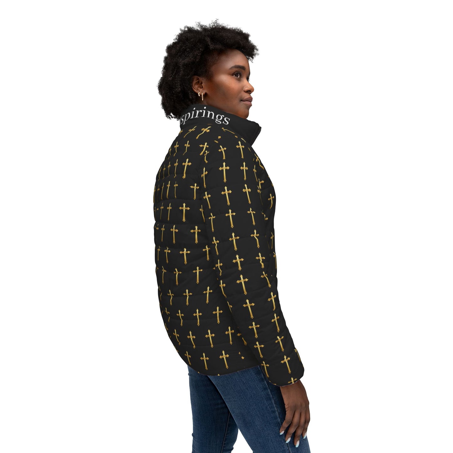 Golden Light Women’s Puffer Jacket in Black – All-Over Cross Pattern