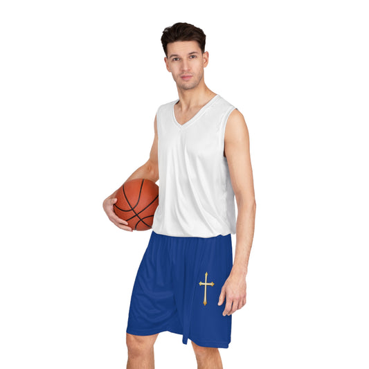Men’s Modern Gold Cross Basketball Shorts in Blue – Sleek Faith-Inspired Design
