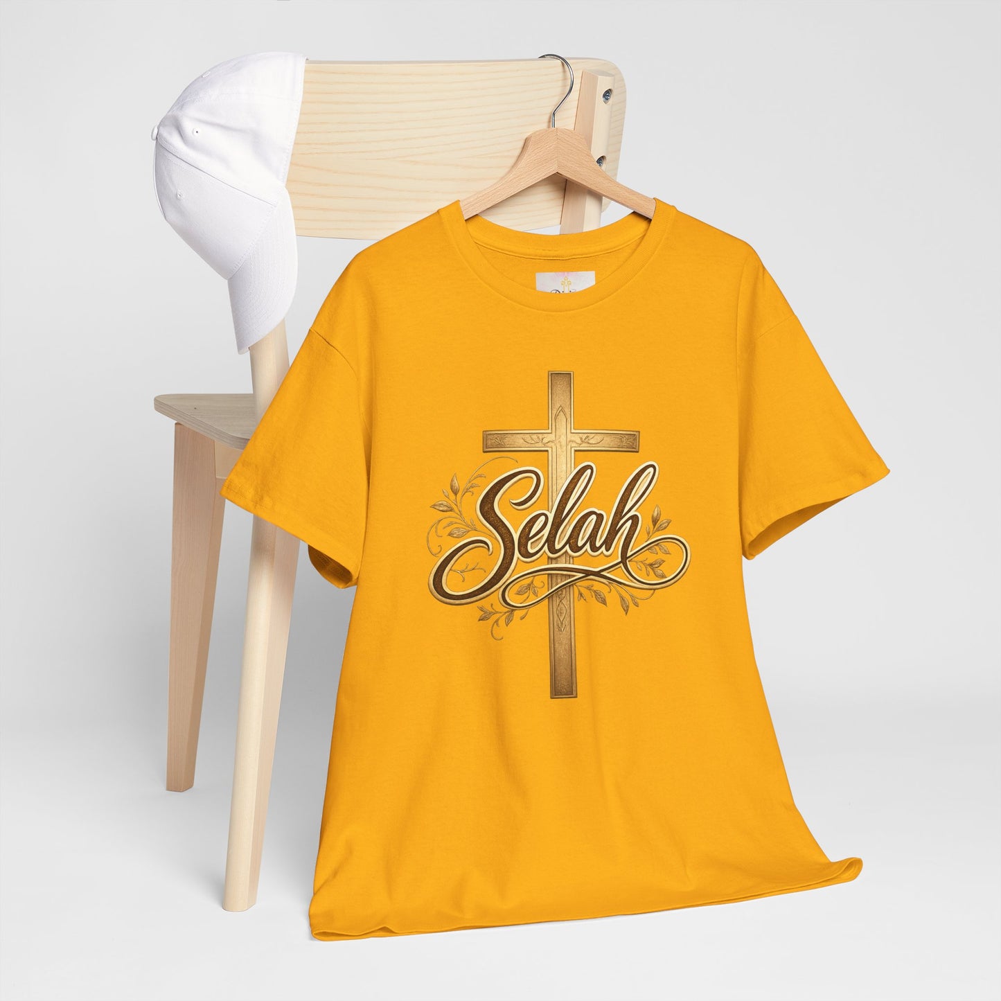 Selah Cross Tee — Women's Christian T‑Shirt with Gold Script
