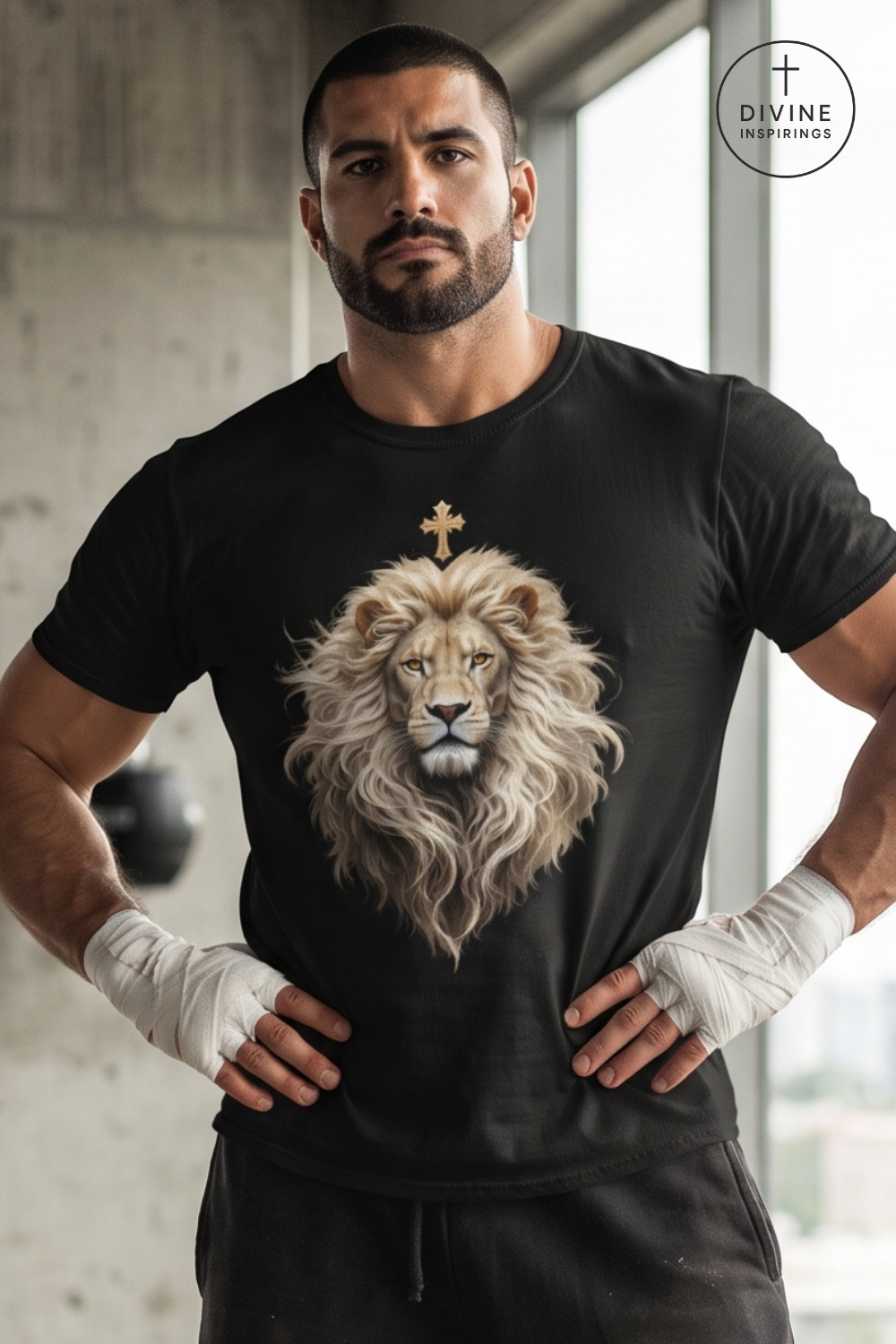 A muscular man wearing a black t-shirt with a large graphic of a lion's face and a gold cross on the chest, standing with hands on hips in a gym setting. A 'DIVINE INSPIRINGS' logo is visible in the top right corner.