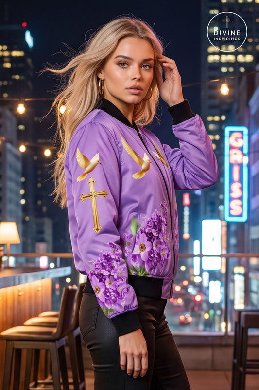 A woman wearing a purple bomber jacket with gold cross and dove graphics and purple floral embroidery, posing on a rooftop at night with a city skyline background.