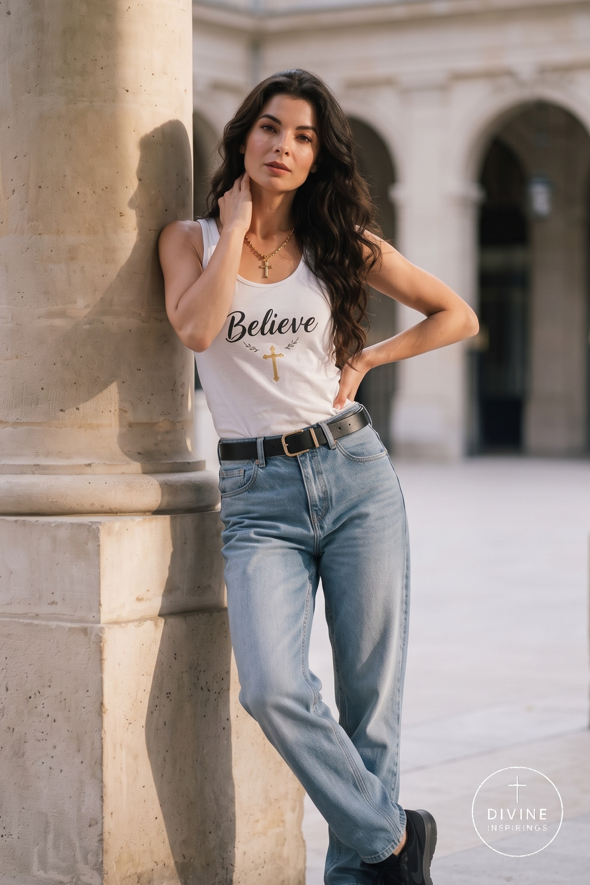 A woman leans against a stone column in an outdoor courtyard, wearing a white tank top with 'Believe' and a cross printed on the front, paired with light blue jeans and a black belt.
