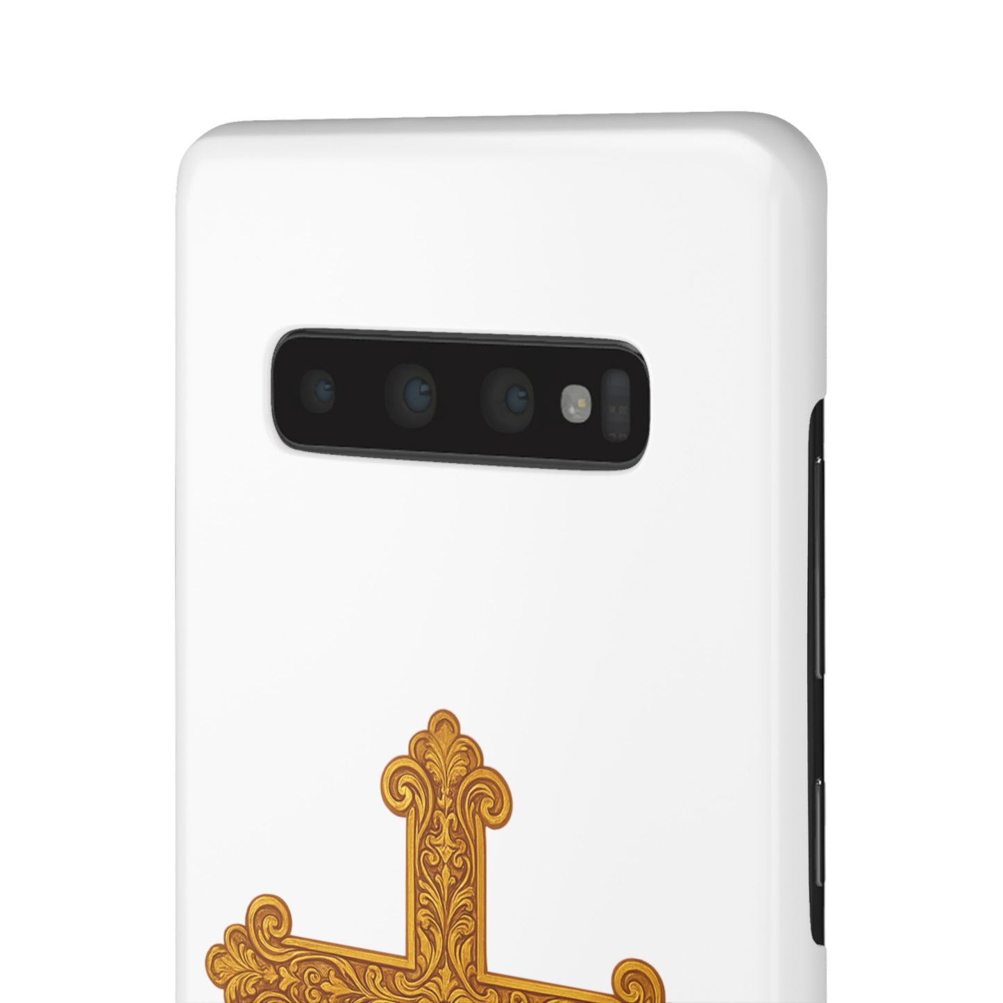 White Samsung Snap Case – Gold Cross Design