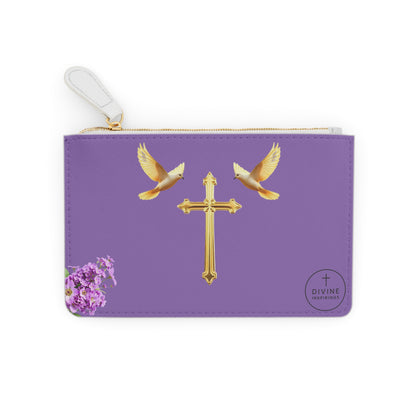 “Heaven’s Embrace” | Women’s Mini Clutch in Mauve – Gold Cross with Flying Doves