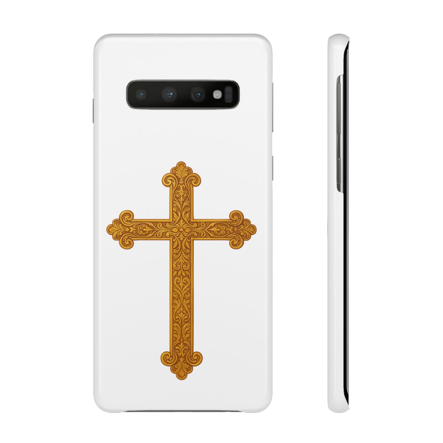 White Samsung Snap Case – Gold Cross Design