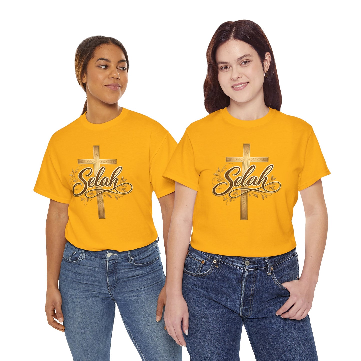 Selah Cross Tee — Women's Christian T‑Shirt with Gold Script