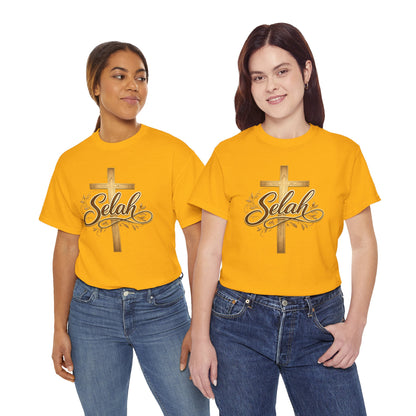 Selah Cross Tee — Women's Christian T‑Shirt with Gold Script
