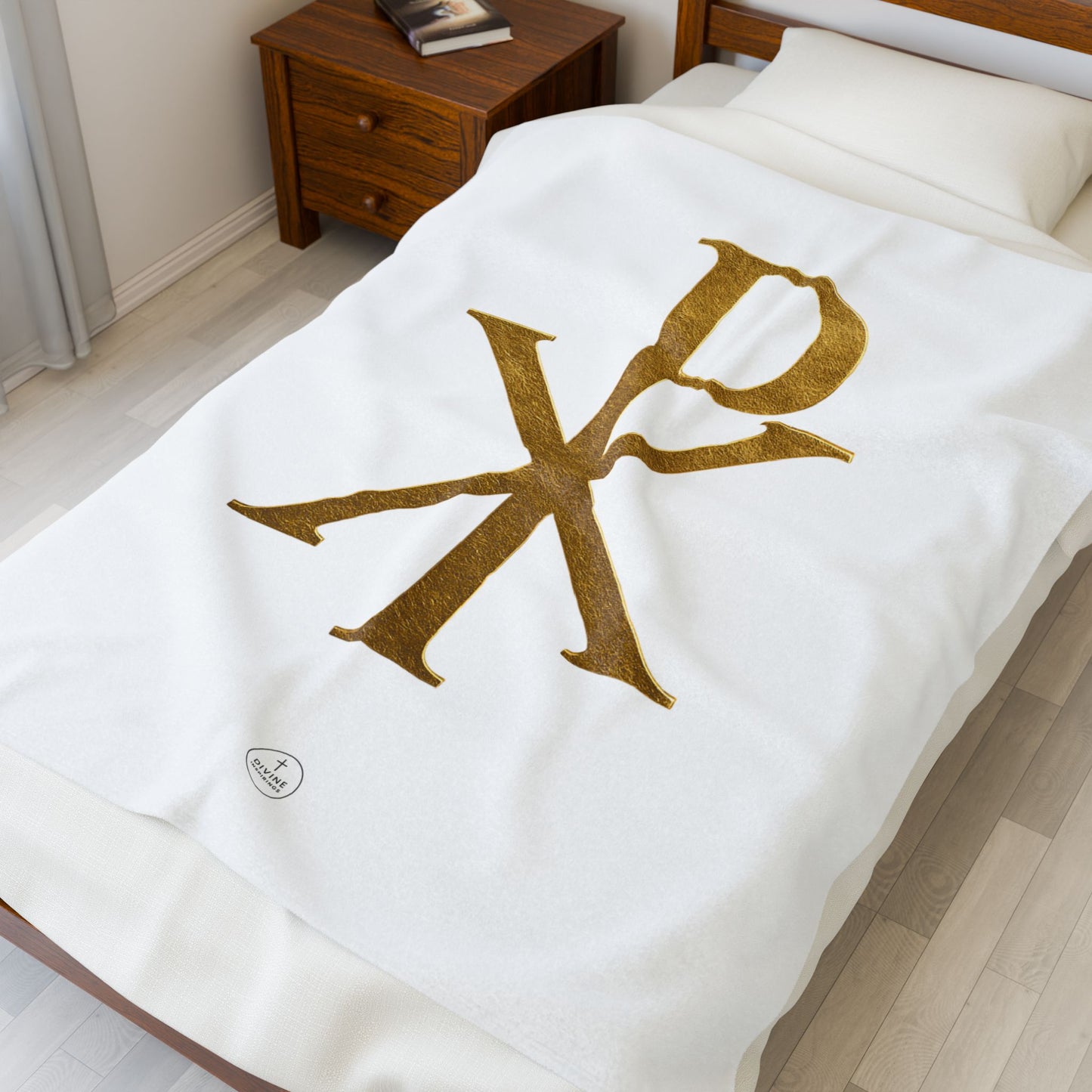 Radiant Faith Plush Blanket – Gold Chi Rho on White