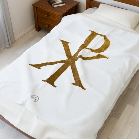 Radiant Faith Plush Blanket – Gold Chi Rho on White