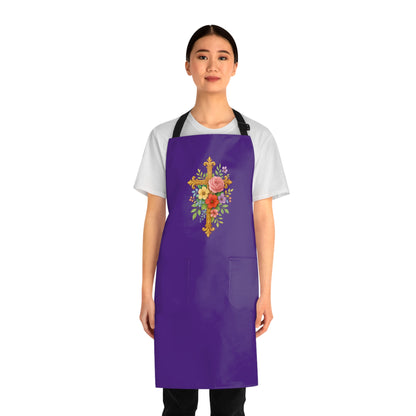 Floral Cross Christian Kitchen Apron in Purple – Faith & Beauty in Every Meal