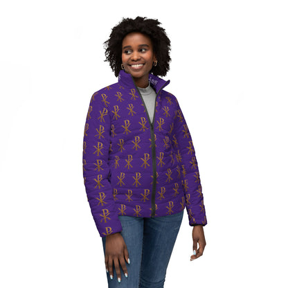 Radiant Victory Women’s Puffer Jacket in Purple – Gold Chi Rho Pattern