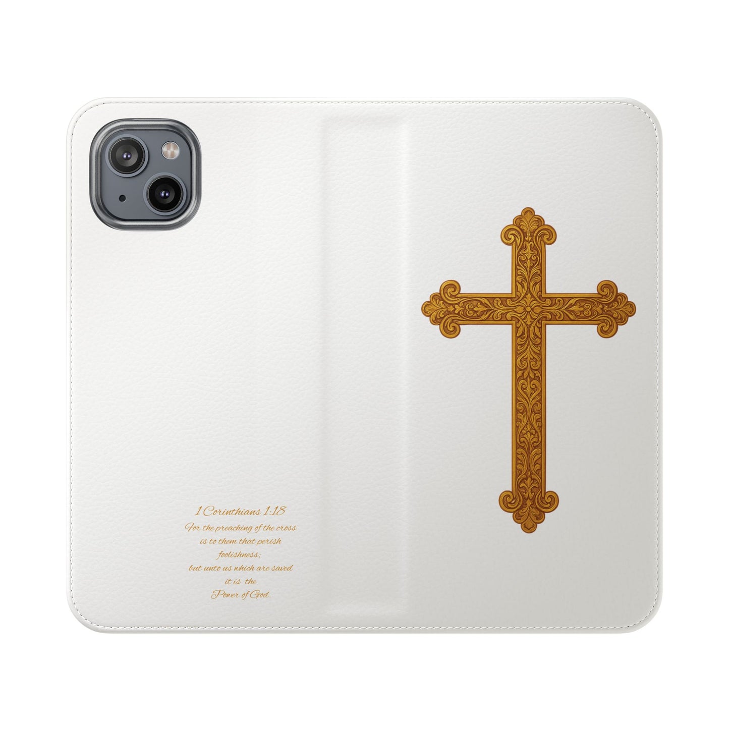 White Wallet Case – Gold Cross with 1 Corinthians 1:18 for iPhones