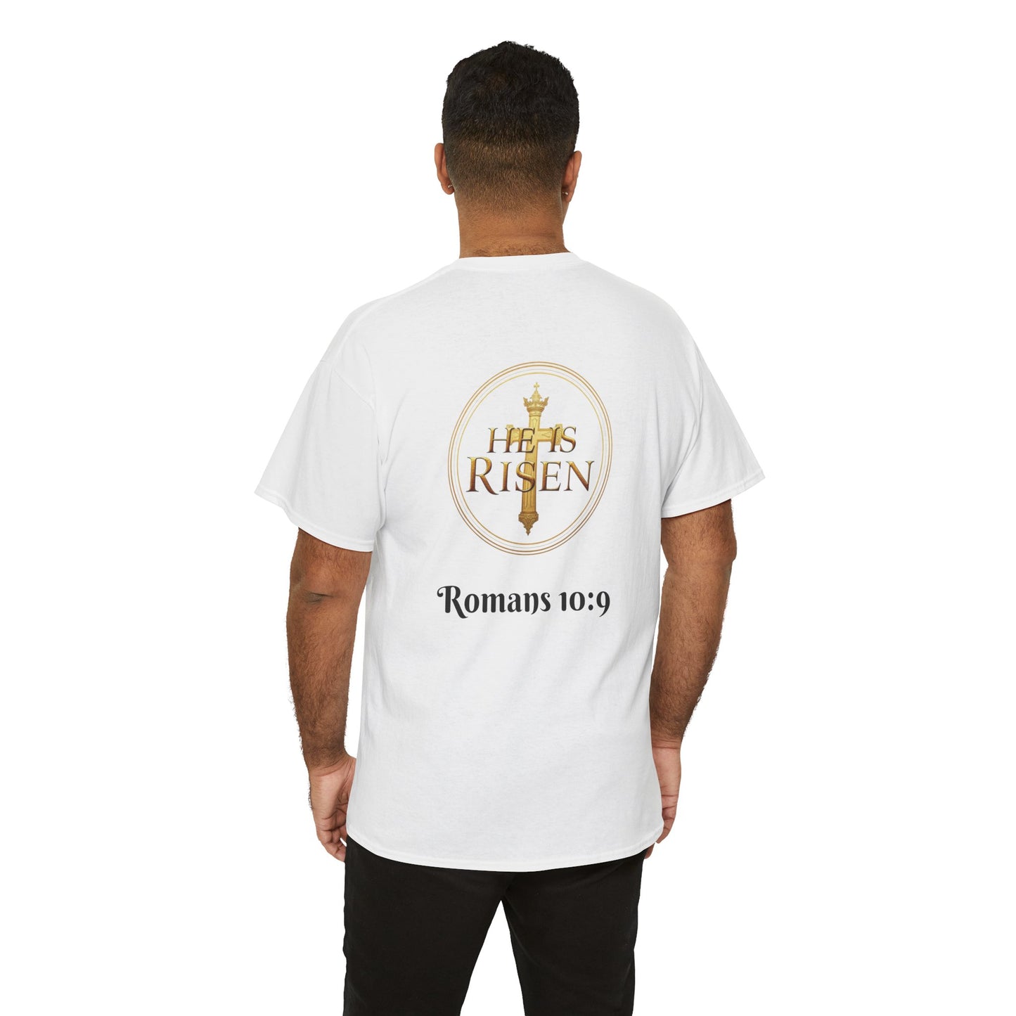 Men’s Romans 10:9 Christian T-Shirt – Jesus Is Lord & He Is Risen (Dark Lettering)