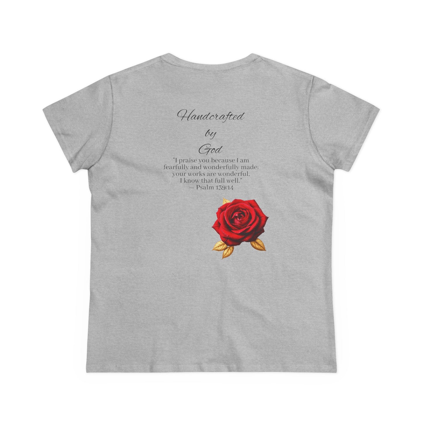 Handcrafted By God Women’s Christian Tee – Rose Design, Dark Lettering