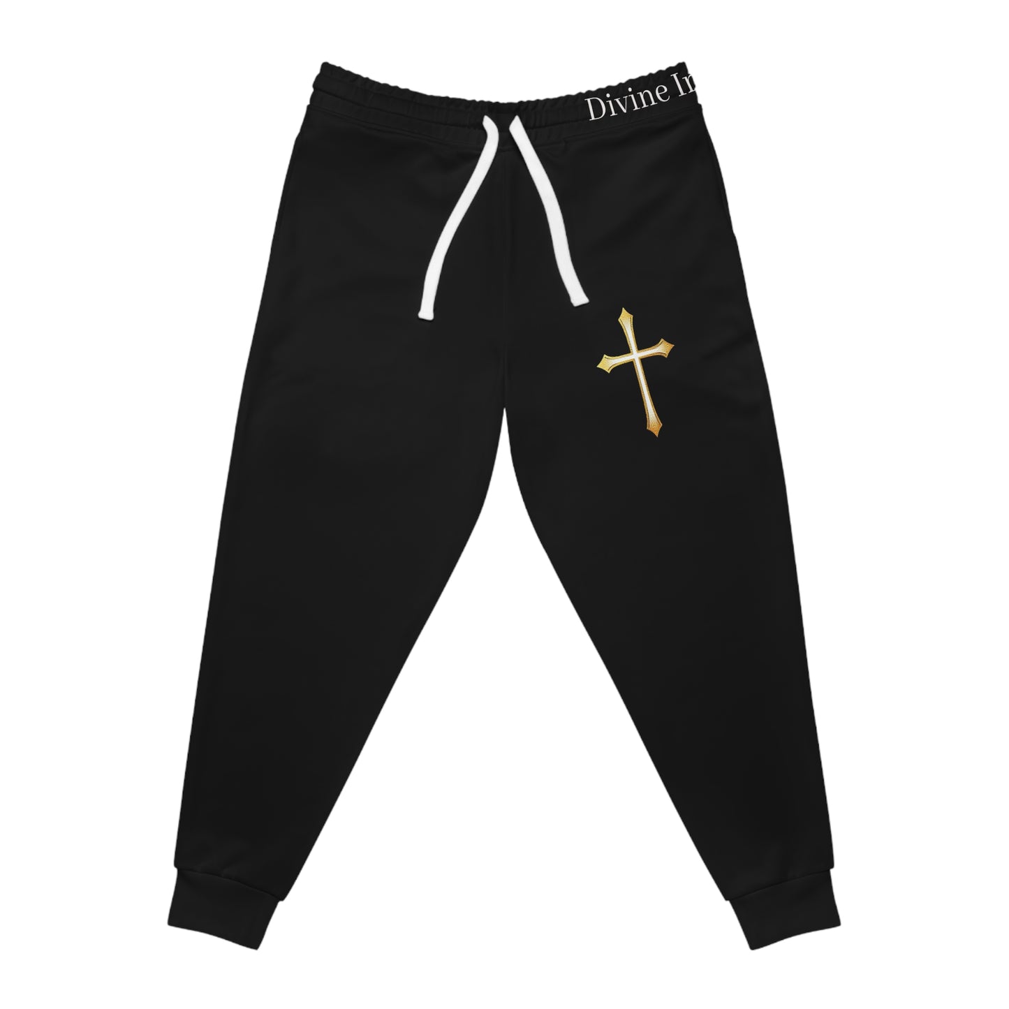 Men’s Modern Gold Cross Jogger Pants in Black – Comfortable Faith-Inspired Style