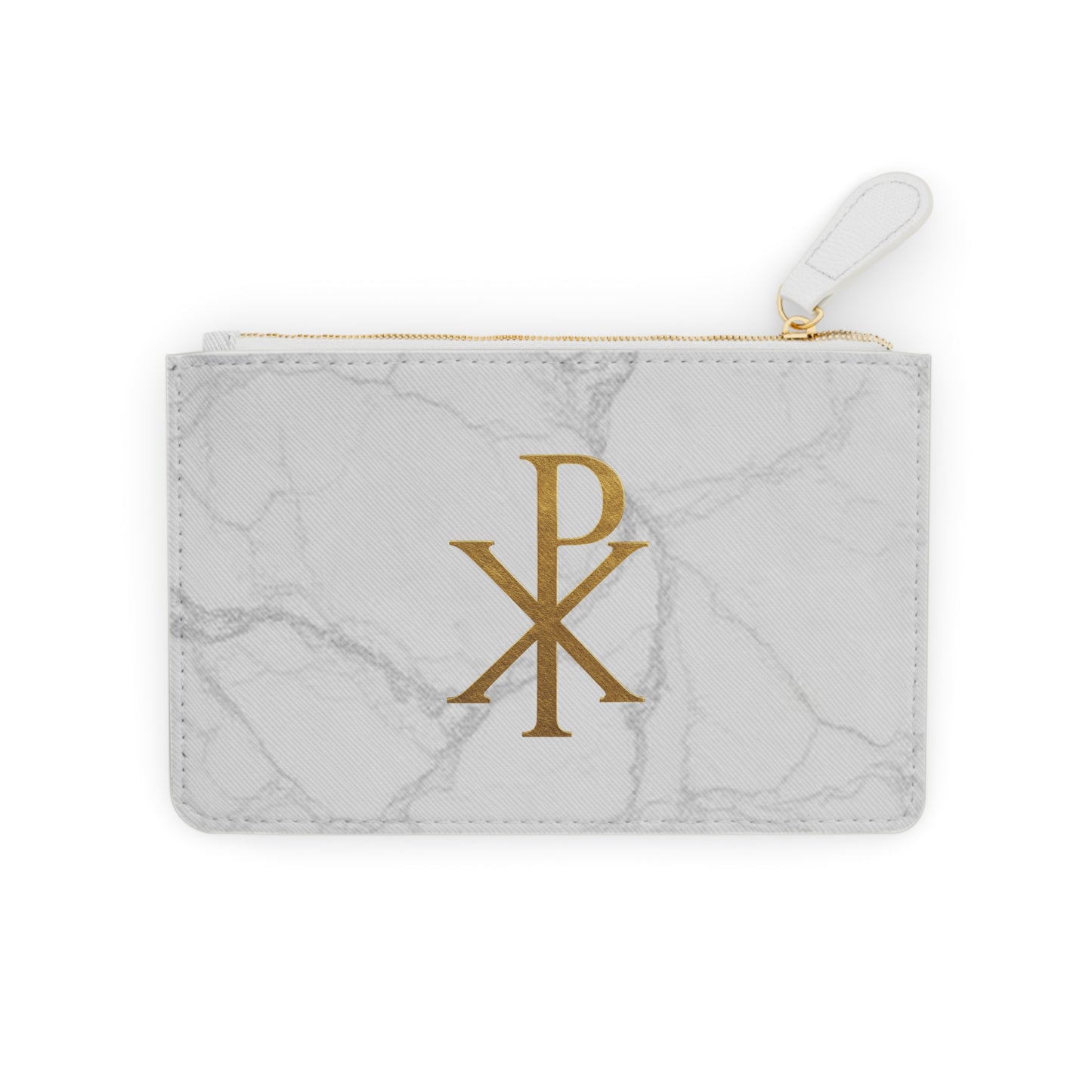 “Divine Seal” | Women’s Mini Clutch on Marble – Gold Chi Rho Elegance