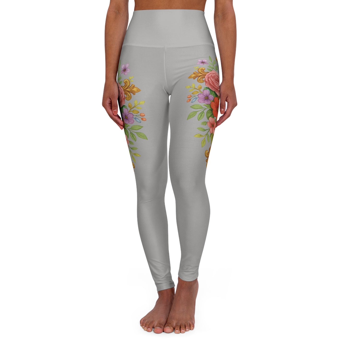 Floral Cross Graceful Fit High-Waisted Leggings in Grey - Christian Women's Apparel