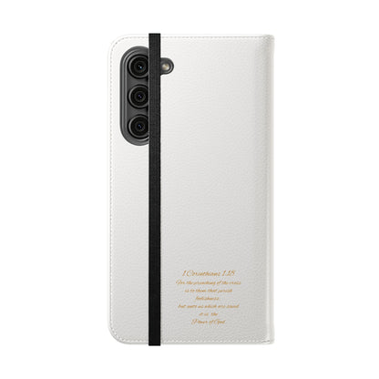 White with Gold Cross & 1 Corinthians 1:18 - Samsung Flip/Wallet Phone Case