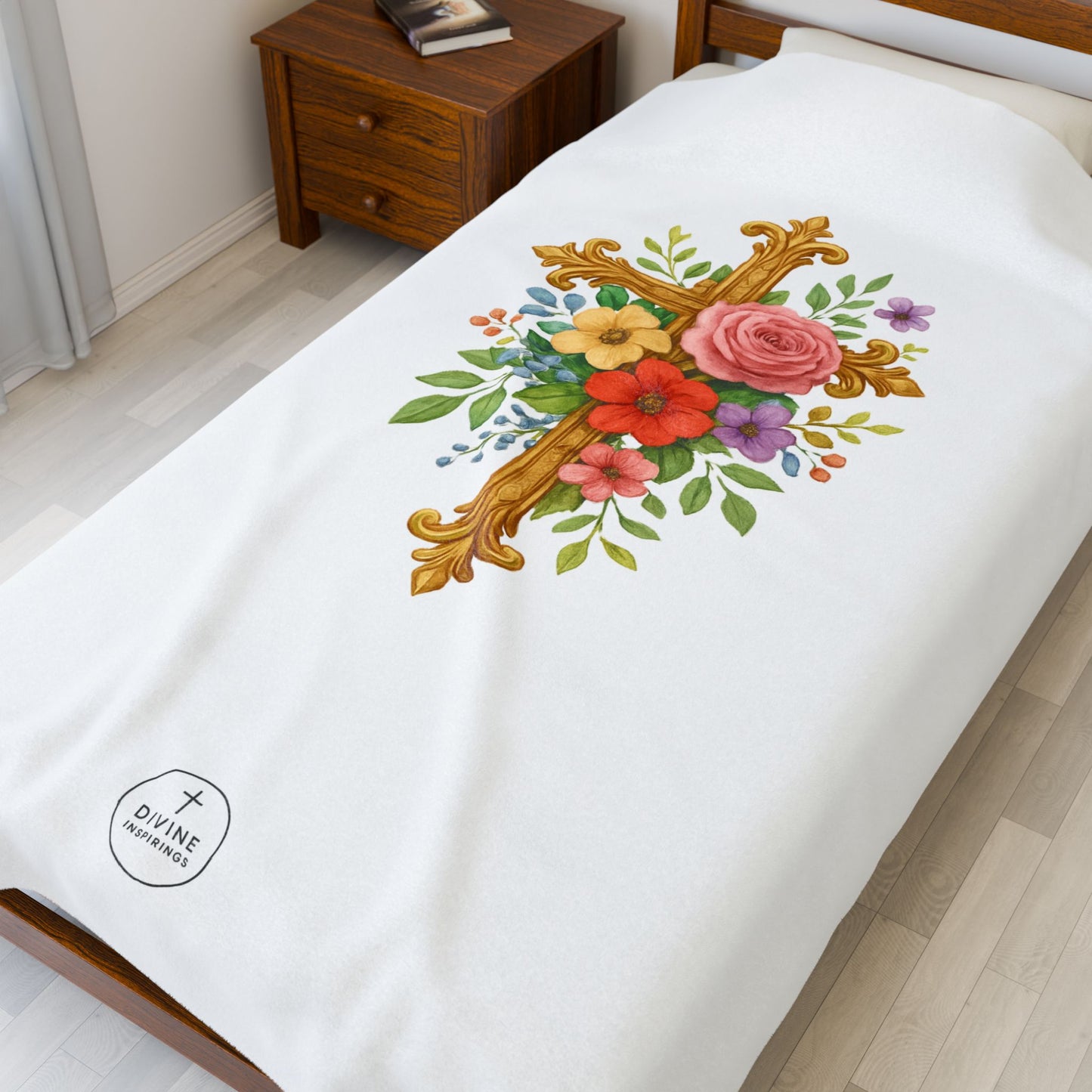 Blooming Faith: Floral Cross Plush Blanket