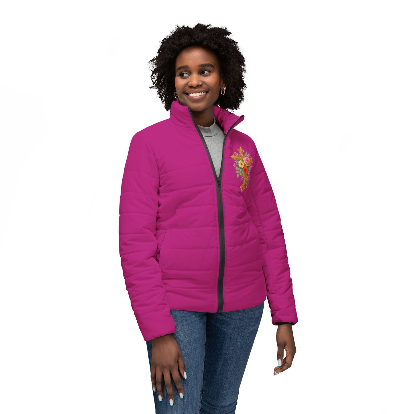Blooming Faith Women’s Puffer Jacket in Fuchsia – Floral Cross Crest