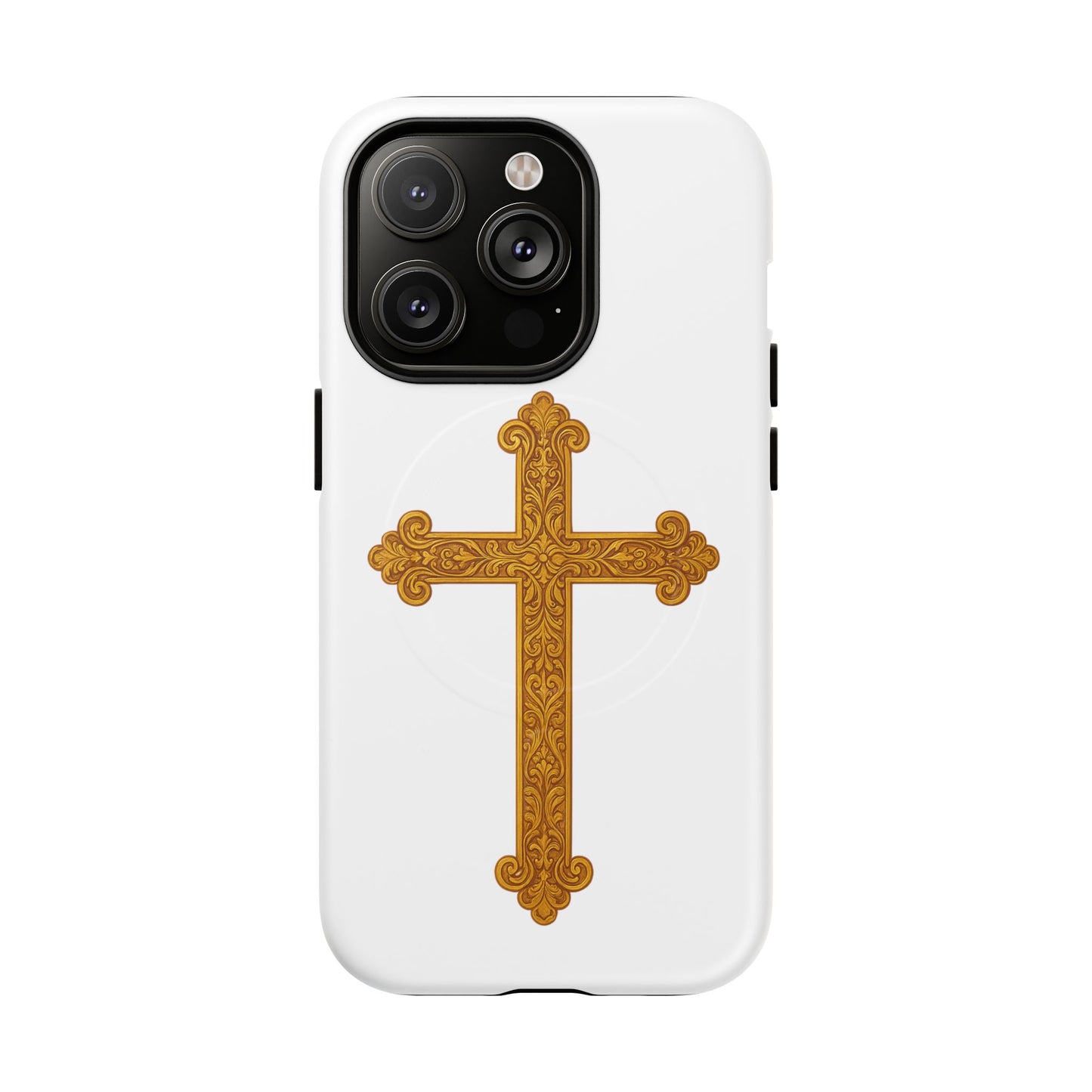 Gold Cross on White Magnetic Tough Case for iPhone – Strength in Faith