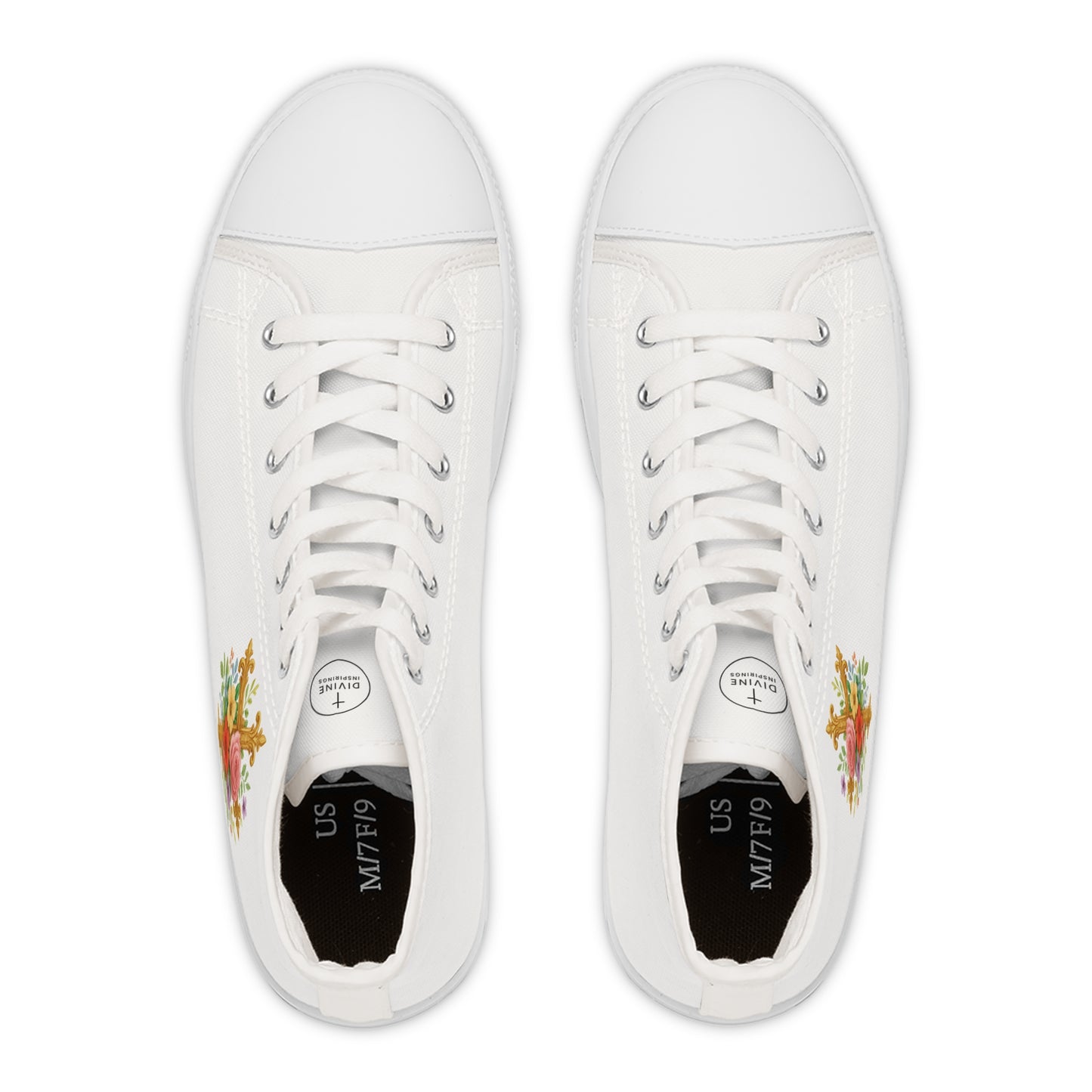 Faith in Bloom – Women’s White High-Top Sneakers with Floral Cross