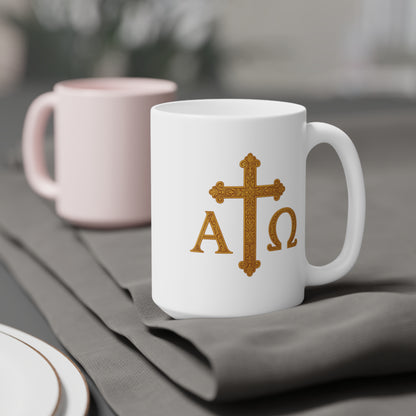 Alpha & Omega Gold Cross Mug – Faith in Every Sip