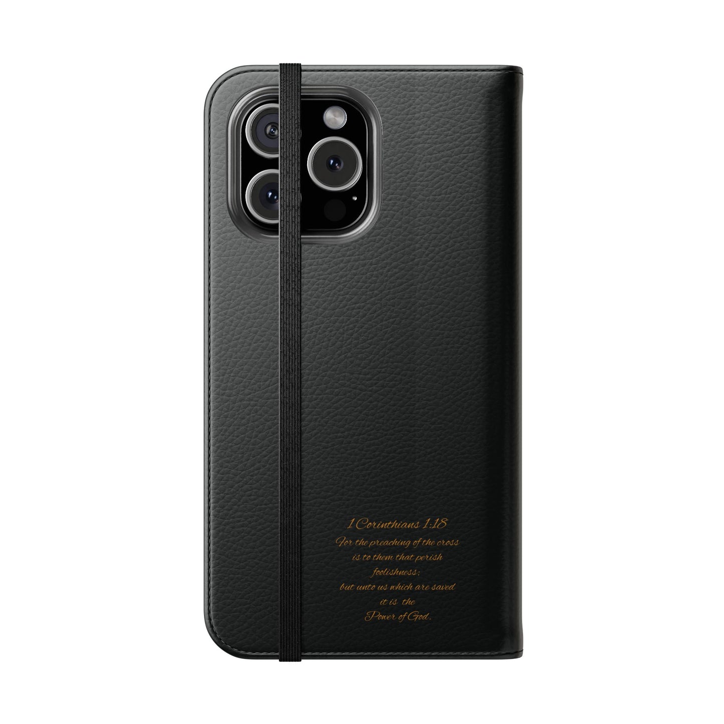Black with Gold Cross & 1 Corinthians 1:18 - iPhone Flip/Wallet Phone Case