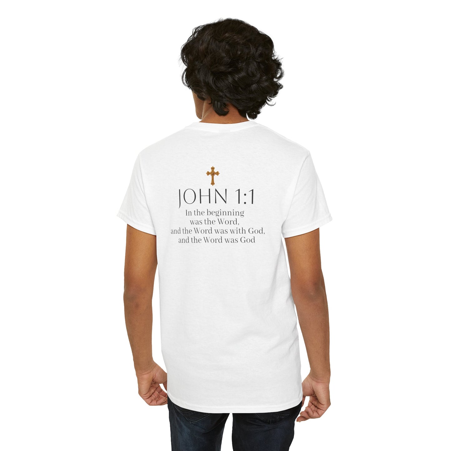 “The Word Eternal” – Men’s Christian Tee with Bold Dark Lettering (John 1:1)