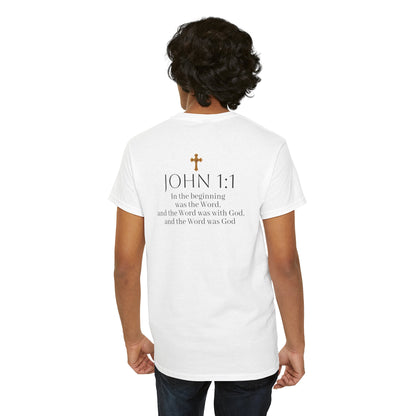 “The Word Eternal” – Men’s Christian Tee with Bold Dark Lettering (John 1:1)