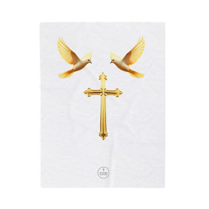 Divine Harmony Plush Blanket – Gold Cross with Doves on White
