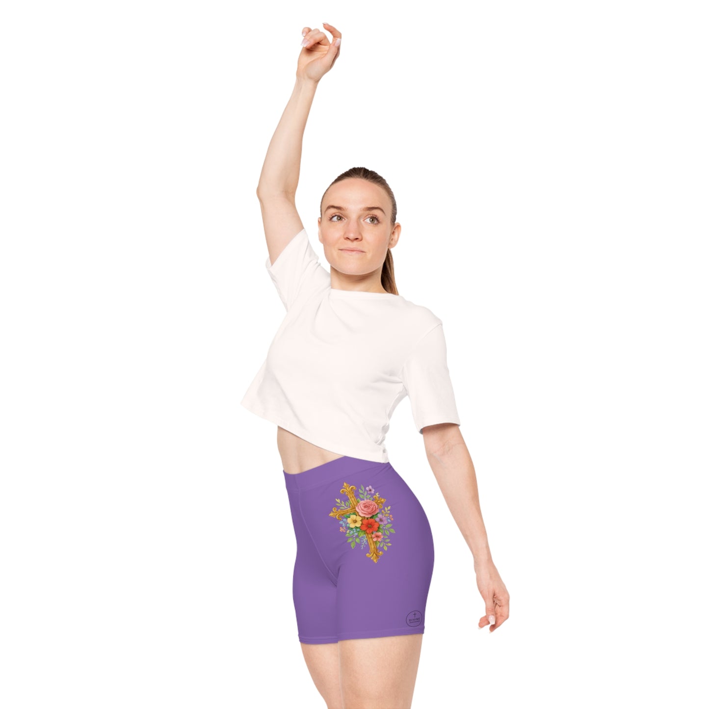 Floral Cross Women’s Biking Shorts in Purple – Beauty and Strength in the Cross