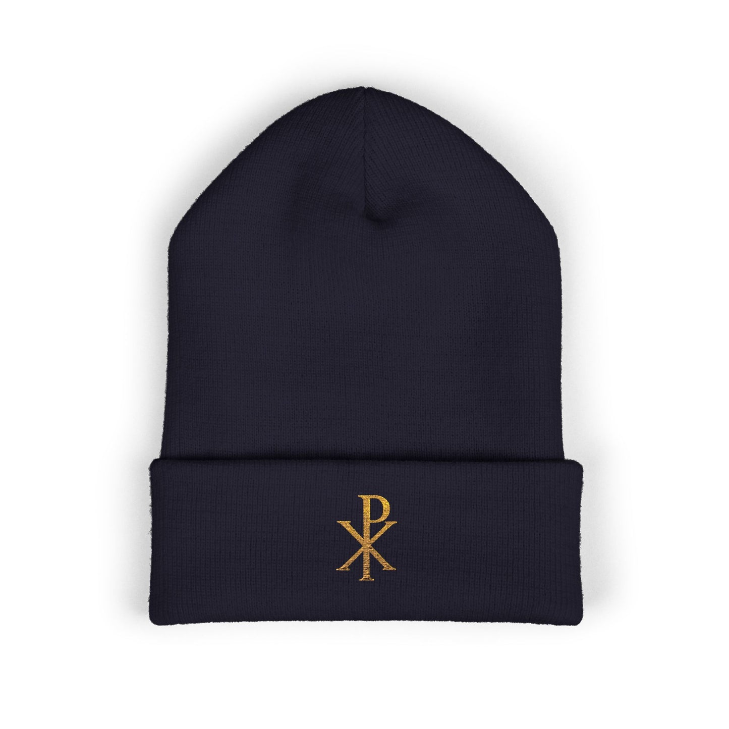Radiant Faith Cuffed Beanie – Gold Chi Rho Embroidery
