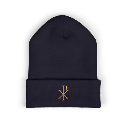 Radiant Faith Cuffed Beanie – Gold Chi Rho Embroidery