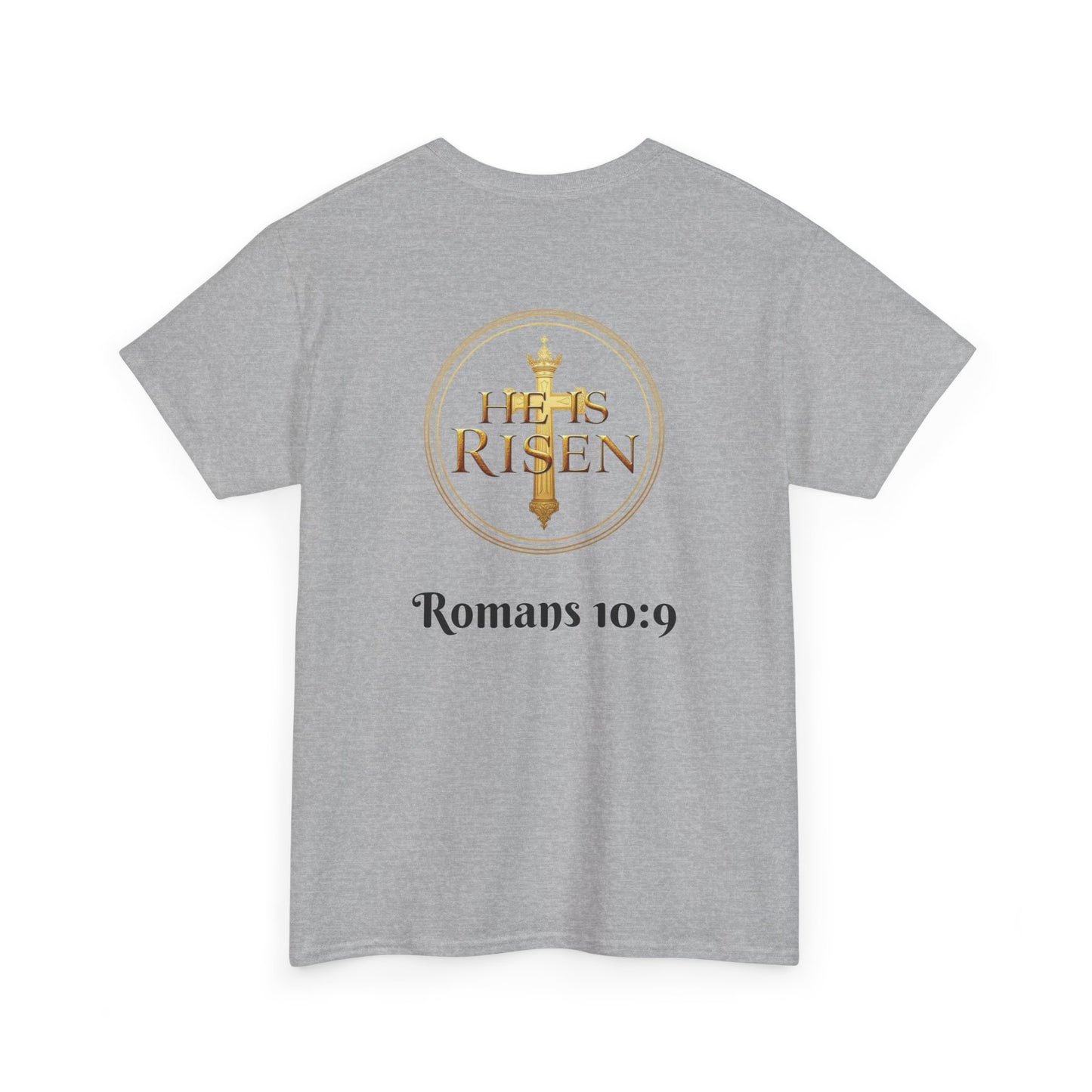 Men’s Romans 10:9 Christian T-Shirt – Jesus Is Lord & He Is Risen (Dark Lettering)