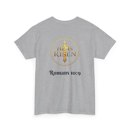 Men’s Romans 10:9 Christian T-Shirt – Jesus Is Lord & He Is Risen (Dark Lettering)