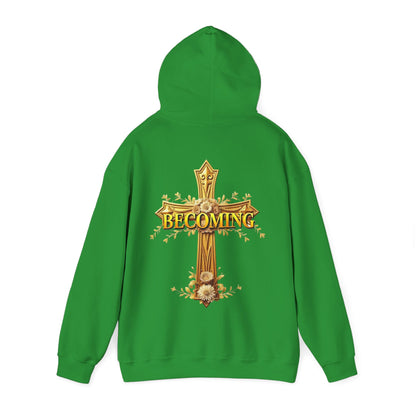 Becoming Women’s Faith Hoodie – Gold Cross Edition (1 Corinthians 15:49)