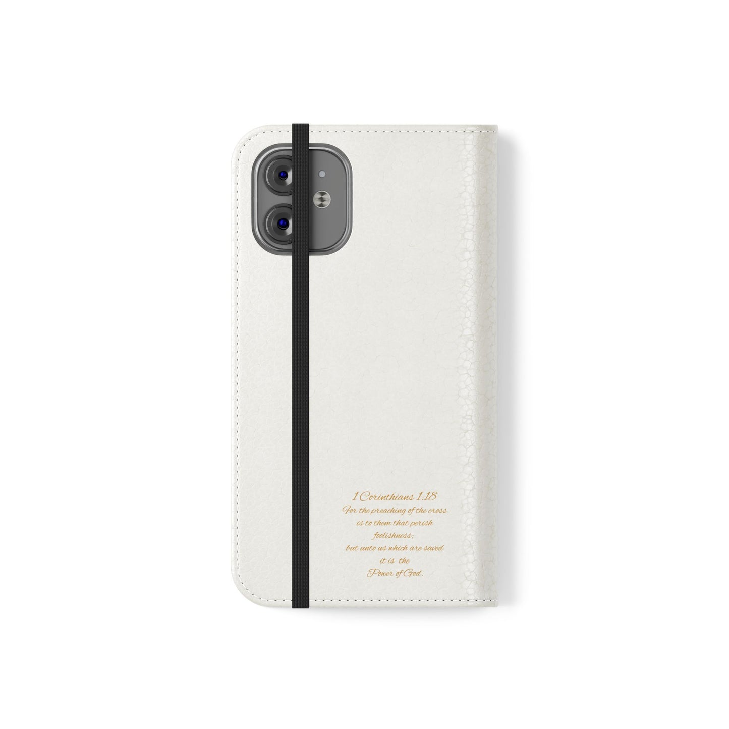 White Wallet Case – Gold Cross with 1 Corinthians 1:18 for iPhones
